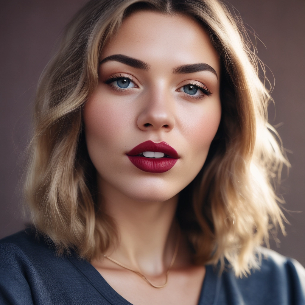 a close up of a woman's face with pink lipstick