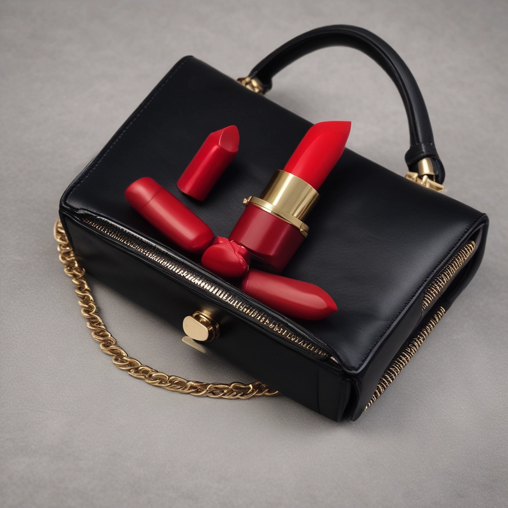 Elegant black leather designer handbag featuring bright red lipsticks with gold accents and a chain strap.