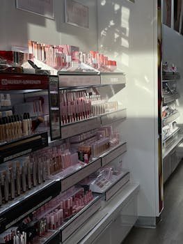 Brightly lit cosmetics aisle featuring a variety of makeup products neatly arranged on shelves.